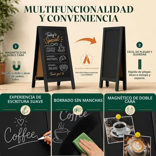 Vista 2 de 4 THOUGHT Pizarra magnética de doble cara con marco A de 40"x20", tablero de madera de pino macizo independiente para sándwiches para restaurantes
