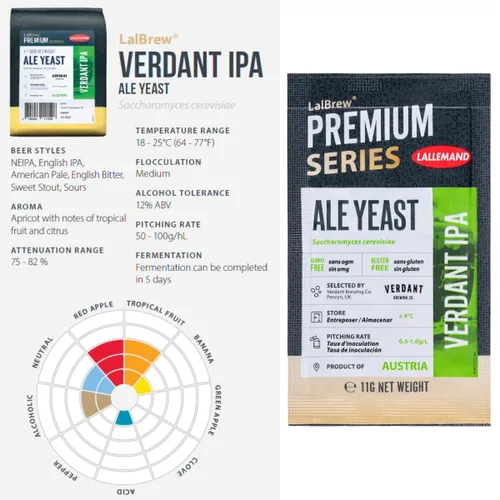 Vista 3 de LalBrew Verdant IPA Brewing Levadura (paquete de 2) - Hacer cerveza en casa - 0.39 oz Sachets - Saccharomyces cerevisiae - Vendido por CAPYBARA