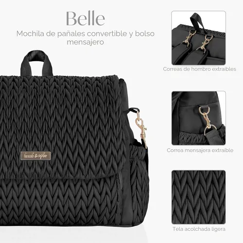 Vista 5 de Hannah & Sophia Belle - Mochila y bolsa convertible para pañales para bebé en color negro, tamaño grande, tapete cambiador resistente al agua