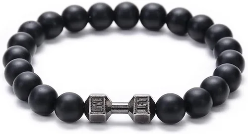 Vista 5 de Pulsera de mancuernas negras para hombre, pulsera de gimnasio con cuentas de piedra natural, pulseras de fitness con peso para hombre, regalo