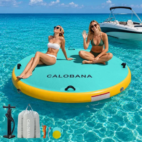 Vista 14 de CALOBANA Hamaca de agua inflable redonda flotante, flota lago isla balsa plataforma de muelle inflable para adultos, piscina, río, fiesta en la playa
