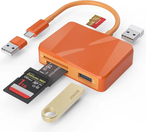 Vista 9 de Lector de tarjetas SD, adaptador de tarjeta USB-C y USB 5 en 1 con SD/MicroSD/MS y puertos USB-A duales lector de tarjetas de memoria para iPhone