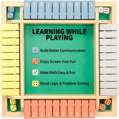Vista 5 de WOOD CITY Juego Shut The Box de Madera para 4 Jugadores, Juego de Mesa Clásico para Niños y Adultos, Juguete Educativo de Aprendizaje
