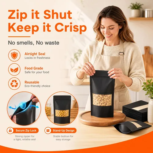Vista 5 de 100 bolsas de papel kraft negro con ventana, bolsas de pie de 3.5 x 5.5 pulgadas, bolsas de almacenamiento de alimentos para productos de embalaje