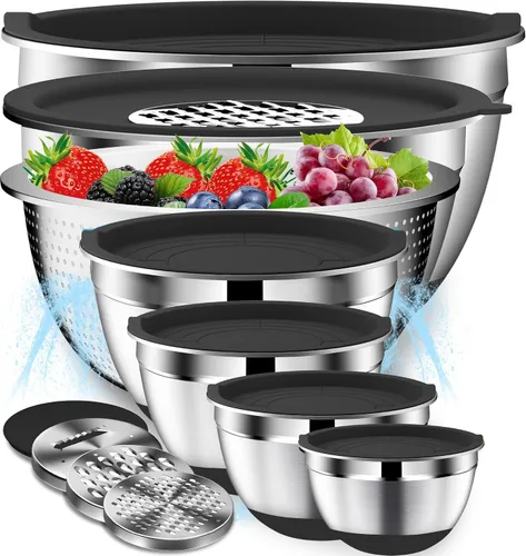 Vista 9 de DUTZUN Stainless Steel Mixing Bowls with Airtight Lids Set of 5, Black Best Kitchen Gifts for Mixing, Baking, Prep, Salads, Serving, Cooking