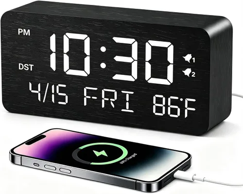 Vista 16 de Reloj despertador digital de madera de bambú premium con cargador de teléfono inalámbrico, puertos de carga USB duales, pantalla LED regulable