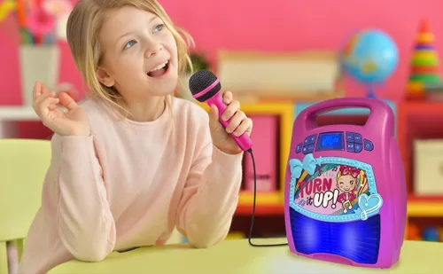 Vista 5 de ekids JoJo Siwa - Máquina de karaoke con Bluetooth, altavoz portátil Bluetooth con micrófono para niños, altavoz con puerto USB para reproducir