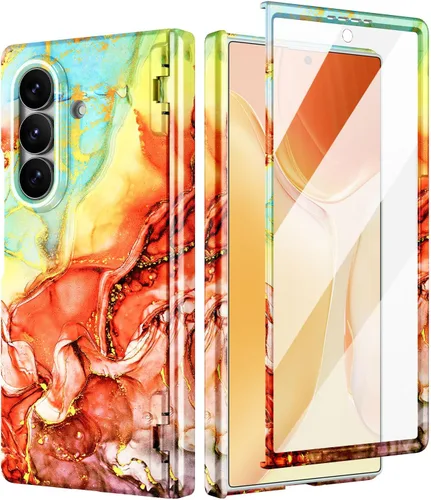 Vista 15 de Btscase Funda para Samsung Galaxy Z Fold 5, protector de pantalla frontal integrado, patrón de mármol dorado con purpurina de policarbonato duro
