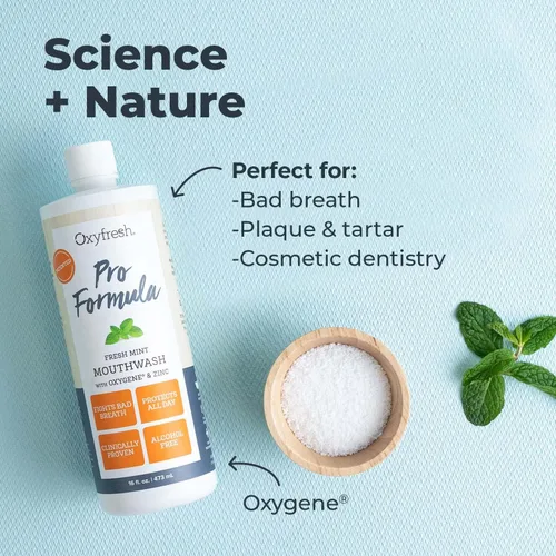 Vista 4 de Enjuague bucal prémium Oxyfresh Pro Formula Fresh Mint – Enjuague bucal patentado de zinc para aliento fresco durante todo el día y encías