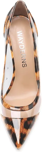 Vista 3 de WAYDERNS Zapatos de tacón alto con punta puntiaguda, de charol transparente, sin cordones, 4 pulgadas