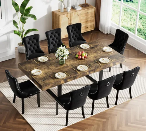 Vista 16 de Juego de mesa de comedor extensible marrón de 63 a 78.74 pulgadas para 4, juego de mesa de comedor de 5 piezas con 4 sillas tapizadas, mesa