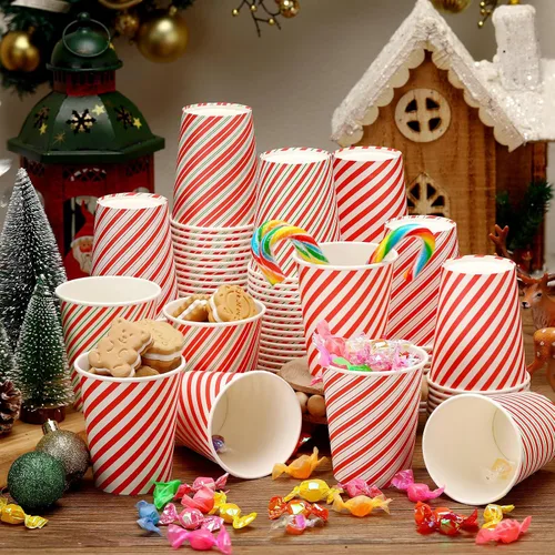 Vista 6 de Hushee 100 piezas de tazas de papel desechables elegantes de Navidad - Tazas festivas de 9 oz con rayas de bastón de caramelo para chocolate