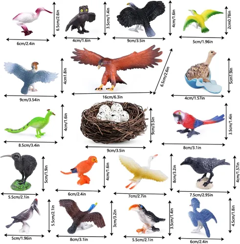Vista 2 de SIENON Juego de 23 piezas de pájaros realistas, figuras surtidas de aves de vida silvestre con nido, cuervo, kiwi, avestruz, guacamayo, halcón