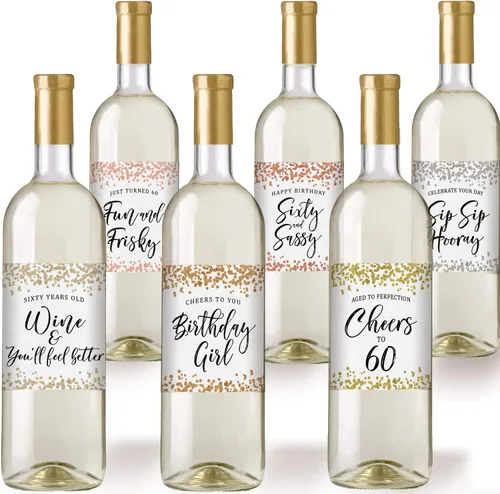 Vista 4 de Printed Party Etiquetas para botellas de vino de cumpleaños número 60, confeti, juego de 6