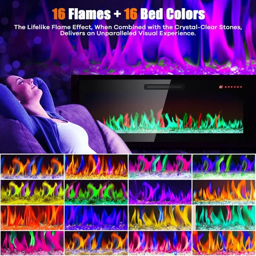 Vista 2 de Chimenea eléctrica, 50 pulgadas, empotrada y montada en la pared, calentador eléctrico de 1400 W con controles remotos, 16 colores de llama