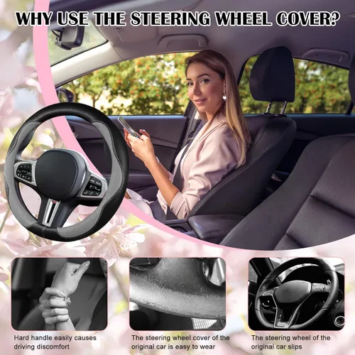 Vista 4 de SuperKaKa Funda Universal para Volante de Coche en Gris y Negro 2025, Protector de PU Cómodo, Antideslizante y Transpirable de Imitación de Cuero