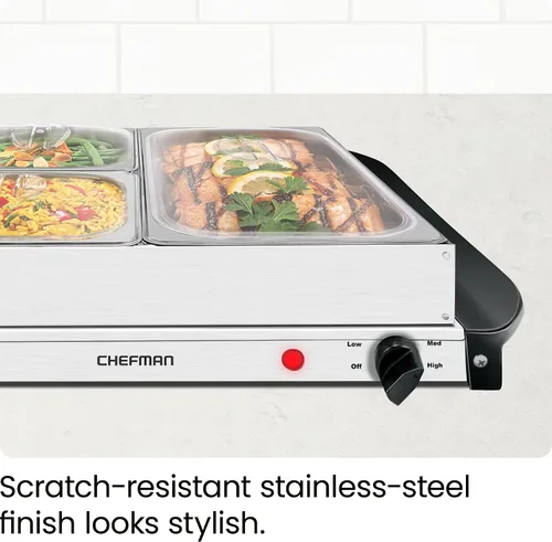 Vista 7 de Chefman Servidor de buffet eléctrico + bandeja de calentamiento con temperatura ajustable y 3 platos calentadores, placa caliente perfecta