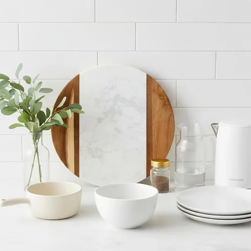 Vista 8 de Okllen Tabla de queso de mármol de 12 pulgadas y tabla de servir de madera de acacia, bandeja redonda de mármol hecha a mano para queso, embutidos
