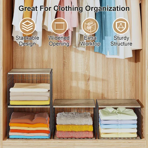 Vista 3 de Organizadores de armario y almacenamiento más amplios, apilables, con parte superior de madera, para suéteres, jeans, estantes organizadores de Negro