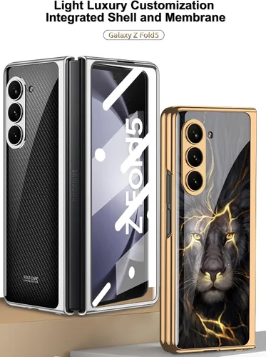 Vista 2 de Funda para Galaxy Z Fold 5, elegante marco galvanizado con vidrio estampado, protector de pantalla integrado compatible con Samsung Galaxy Z Fold 5