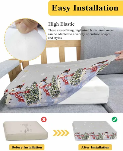 Vista 5 de Fundas de cojín para sofá de Navidad con diseño de muñeco de nieve gris, funda elástica para sofá con parte inferior elástica, diseño de árbol