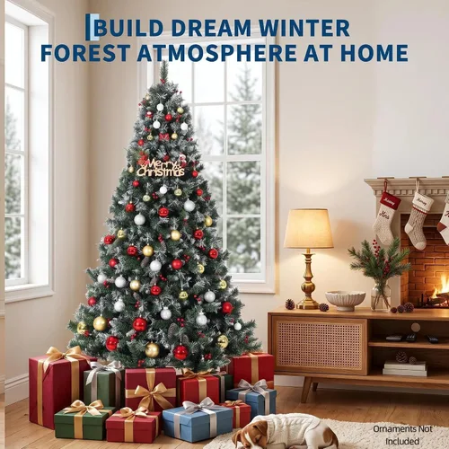 Vista 5 de 6.5 ft Prelit Snow Flocked Christmas Tree, Artificial Pine Tree with Red Berries & Pine Cones, 880 Branch Tips, Hinged Branches, Easy Assembly, Fire