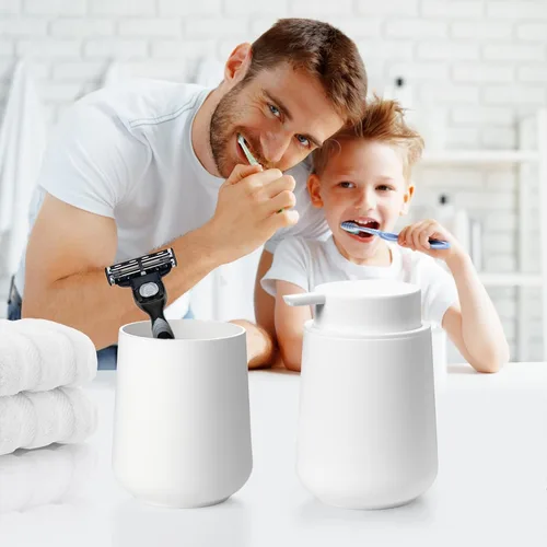 Vista 3 de Dispensador de jabón líquido de manos de plástico, botella de jabón recargable de 11 onzas para encimeras de baño y cocina, moderno blanco mate
