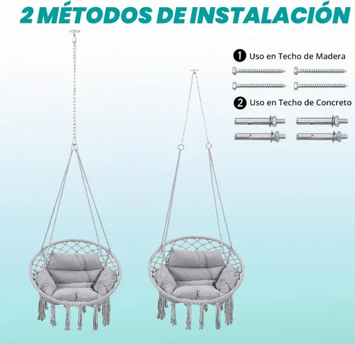 Vista 6 de KROFEM - Silla columpio de macramé, silla colgante para dormitorio, cojín grueso Gris ordinario