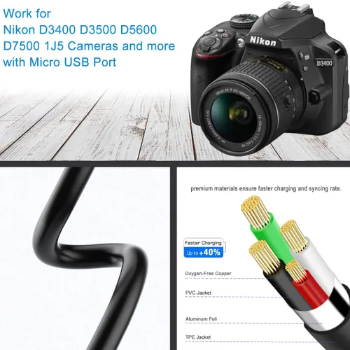 Vista 3 de SCOVEE Cable USB de repuesto para cámara Nikon Digital DSLR D3400 D3500 D5600 D7500 1J5, accesorios de cable de cámara Nikon, cable de carga UC-E20