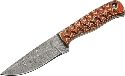 Vista 2 de Szco Supplies Cuchillo de caza exótico de madera torcida naranja de 8 pulgadas con funda