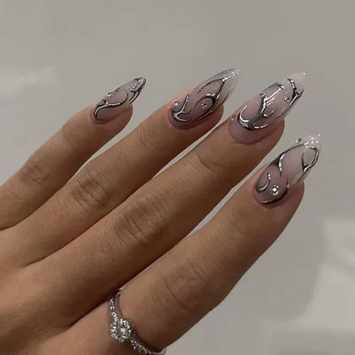Vista 8 de 8 hojas de calcomanías de arte de uñas con llama irregular, plateado metálico, negro, blanco, oro, calcomanías autoadhesivas Y2k para diseño de uñas