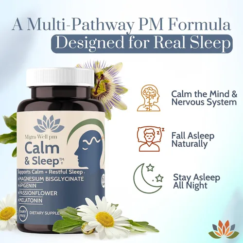 Vista 3 de Wellkasa Migra-Well PM - Ayuda para dormir para adultos, bisglicinato de magnesio con apigenina y pasiflora para calma, sueño profundo y apoyo
