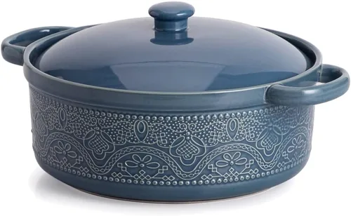 Vista 8 de FUN ELEMENTS - Cazuela, 2 cuartos de galón, plato con relieve de encaje con tapa, de cerámica para ir del horno a la mesa, asas redondas para servir