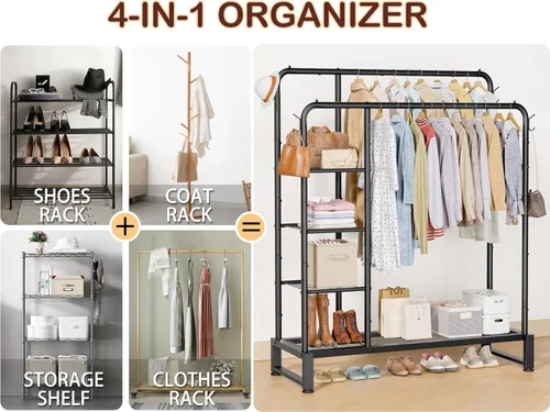 Vista 4 de Perchero de doble barra con estantes de almacenamiento de 4 niveles, perchero para colgar ropa, organizador multifuncional de ropa resistente