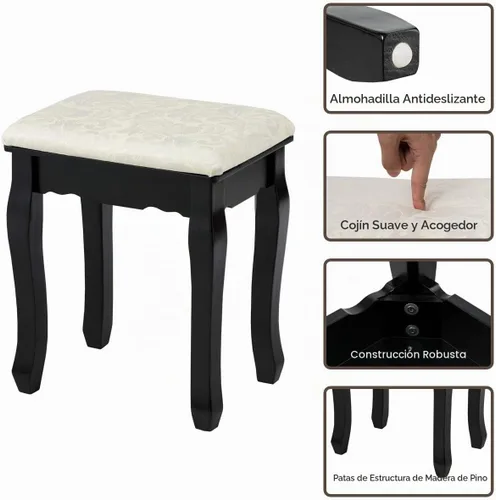 Vista 9 de Giantex Juego de tocador con espejo iluminado, mesa de maquillaje con 10 luces rosadas, escritorio de tocador moderno con taburete acolchado, 3 Negro