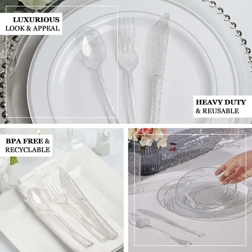Vista 4 de Efavormart - 100 cucharas de plástico desechables con purpurina plateada para bodas, fiestas, banquetes, eventos, dulces, bufés