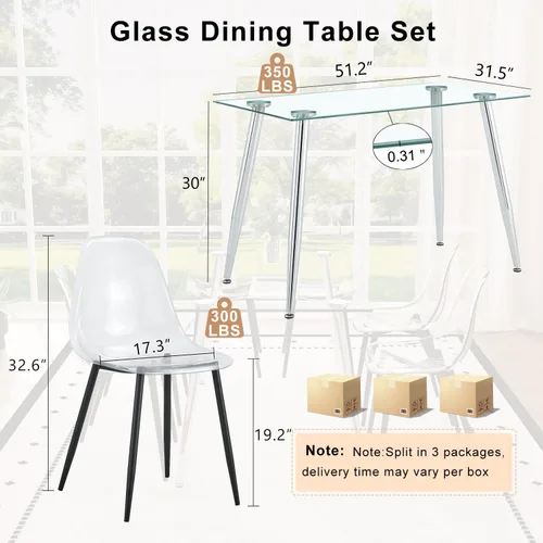 Vista 2 de Juego de mesa de comedor de vidrio Ebullient para 4, mesa de 51" de vidrio templado transparente con patas de metal negro y 4 sillas de acrílico