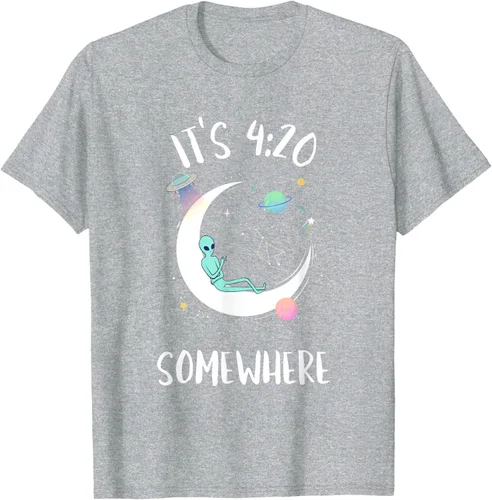 Vista 32 de Funny Weed Joint Smoking Moon Alien It's 4:20 Somewhere Camiseta, Negro, S
