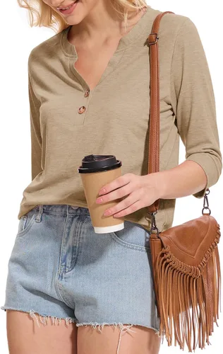 Vista 3 de Dimur Camisetas de manga 3/4 con cuello en V y botones para mujer, traje casual de negocios, camiseta básica de verano 2025