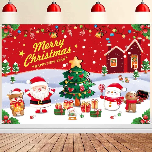 Vista 9 de Banner Telón de Fondo Feliz Navidad Suministros de Decoraciones de Fiesta Navideña de Santa Nieve Invernal Árbol de Navidad Fiesta Navideña Fondo
