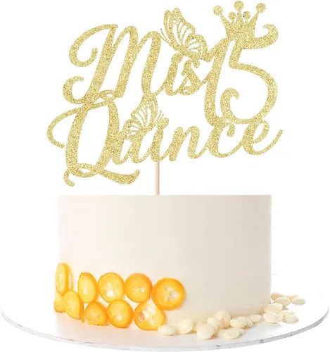 Vista 5 de Kaoenla Mis membrillo 15 para tartas dorado con purpurina para cumpleaños 15, saludos a los 15 años, quinceañera, decoraciones de feliz cumpleaños