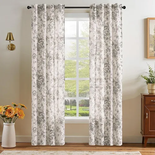 Vista 53 de Jinchan Cortinas de Mezcla de Lino con Estampado Floral para Sala de Estar, 84 Pulgadas de Largo, Cortinas con Bolsillo para Varilla y Tab Trasera