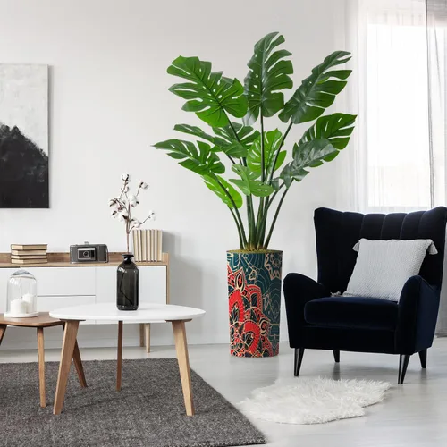 Vista 17 de Árbol artificial en macetero moderno con patrón de mandala, palmera tropical areca artificial de seda para decoración del hogar en interiores
