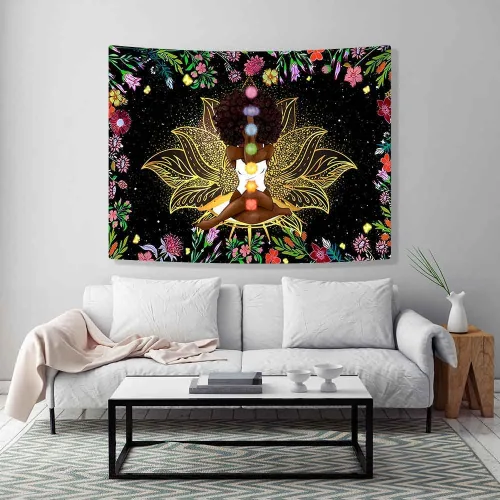 Vista 5 de Ine Ive Tapiz de chakra africano, mujer afroamericana, tapices de meditación zen, 40 x 30 pulgadas, cielo estrellado, flores, jardín, inspirador