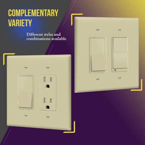 Vista 5 de ENERLITES - Cubierta decorativa de interruptor doble, placa de pared de dos salidas, acabado brillante, 2 bandas de tamaño grande, 5.5 x 5.5 Marfil