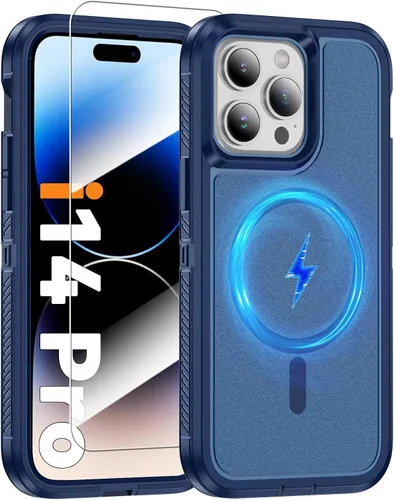 Vista 29 de Funda magnética para iPhone 13/iPhone 14 [compatible con Magsafe] [protector de pantalla de vidrio] [protección de grado militar de doble capa]