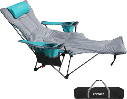 Vista 12 de Silla de camping reclinable con reposapiés extraíble con reposacabezas, cojín de algodón, sillas plegables ajustables y portátiles