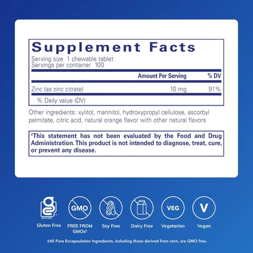 Vista 2 de Pure Encapsulations Zinc Chewables Suplemento para el apoyo del sistema inmunológico, el crecimiento y el desarrollo, y la curación de heridas*