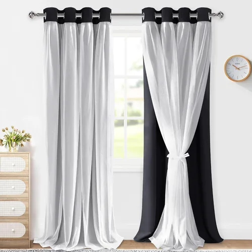 Vista 10 de XWZO Cortinas 100% opacas de doble capa para guardería, cortinas opacas con superposición transparente para dormitorio de niñas, cortinas