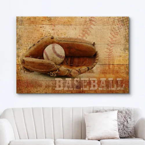Vista 2 de .Wall26, lienzo de pared con pintura de pelota de tenis sobre piso de cancha. 14. Béisbol rústico